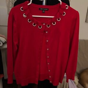 Cable & Gauge Vibrant Red Cardigan with Metallic Accents